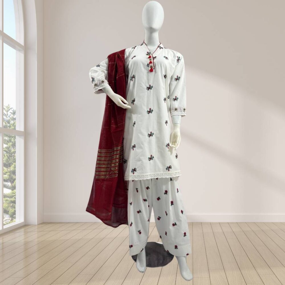 3-Piece Embroidered Lawn Kameez with Farshi Shalwar & Khaddi Net Dupatta