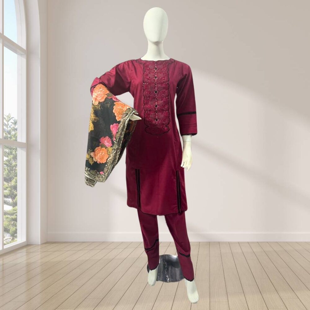 Elegant 3-Piece Doria Lawn Embroidered Lace Neck Panel Kameez & Trouser Set with Printed Lawn Dupatta
