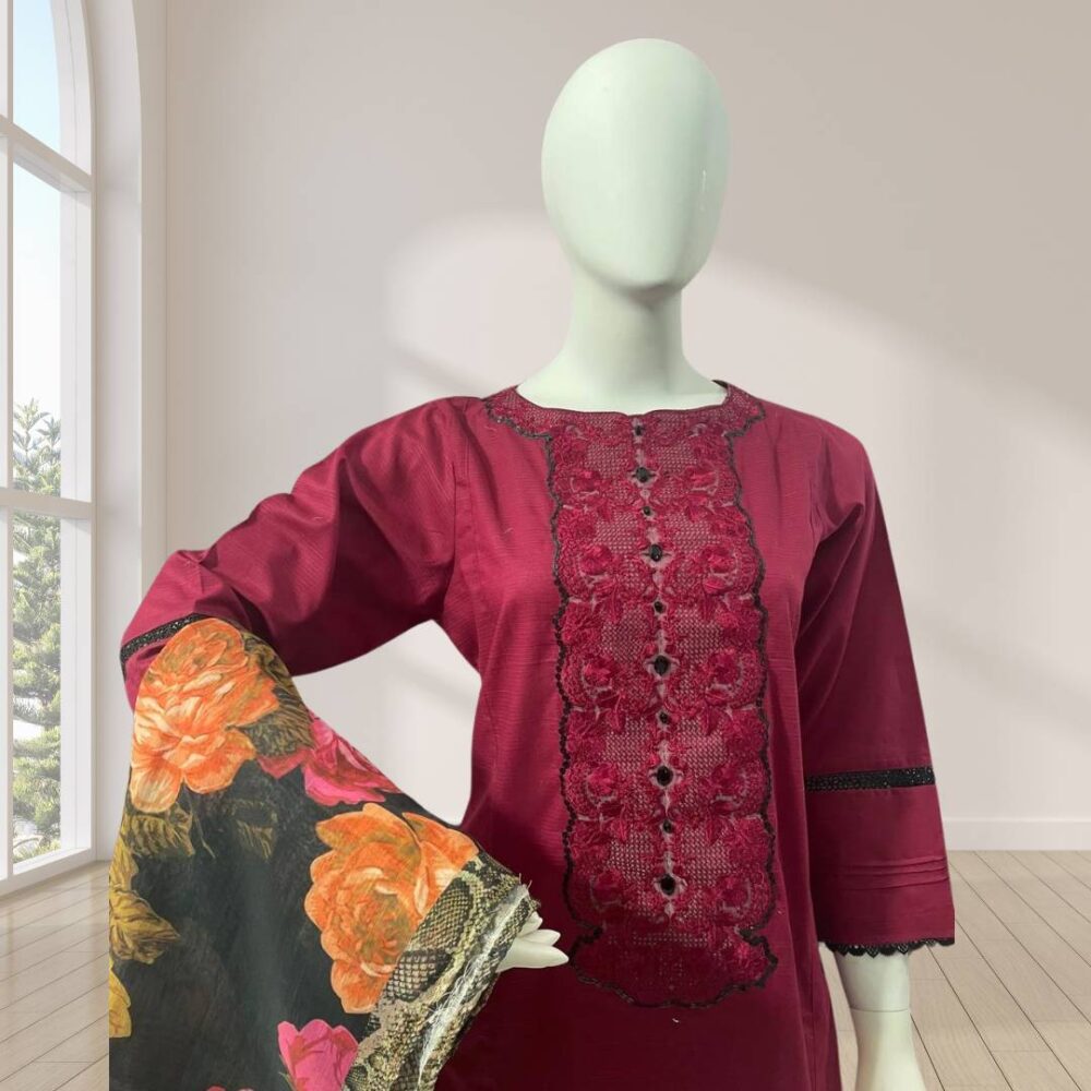 Elegant 3-Piece Doria Lawn Embroidered Lace Neck Panel Kameez & Trouser Set with Printed Lawn Dupatta - Image 2
