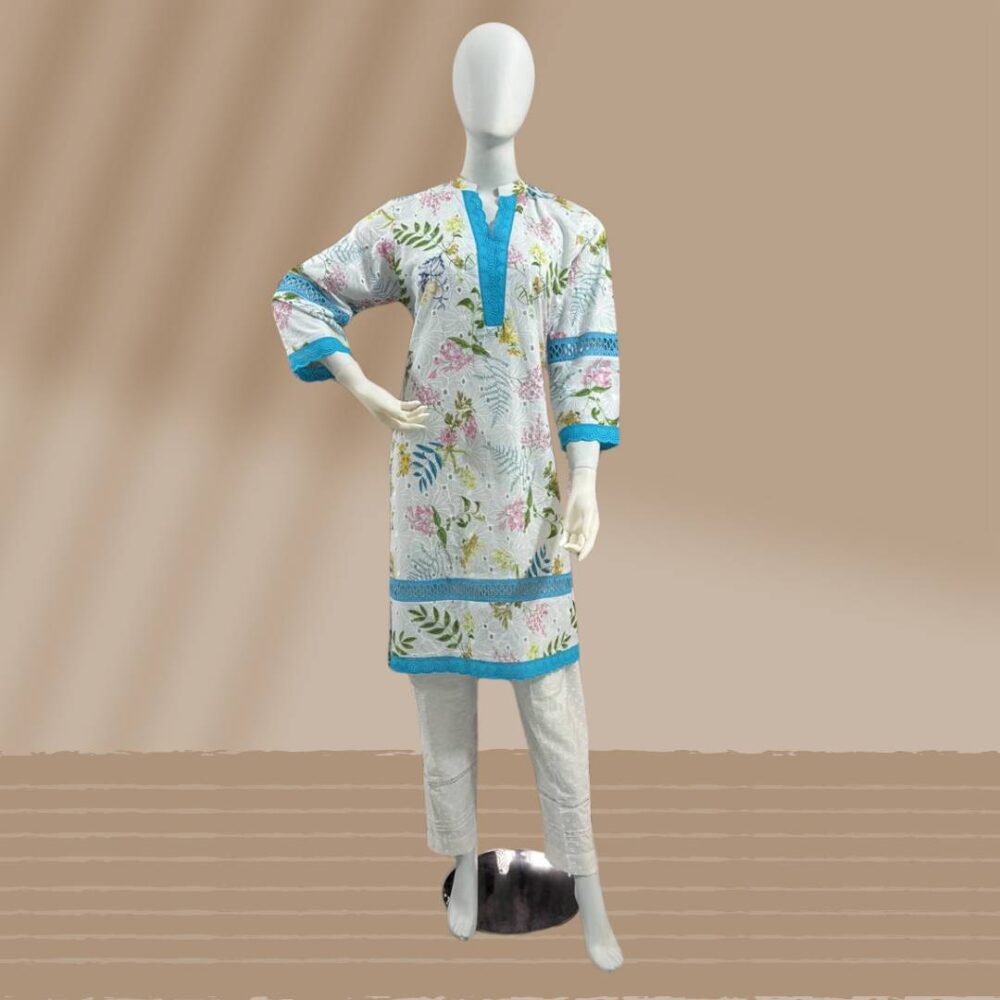 2-Piece Lawn Chikankari Kameez with Chickenkari Laces & Cotton Trouser with Laces