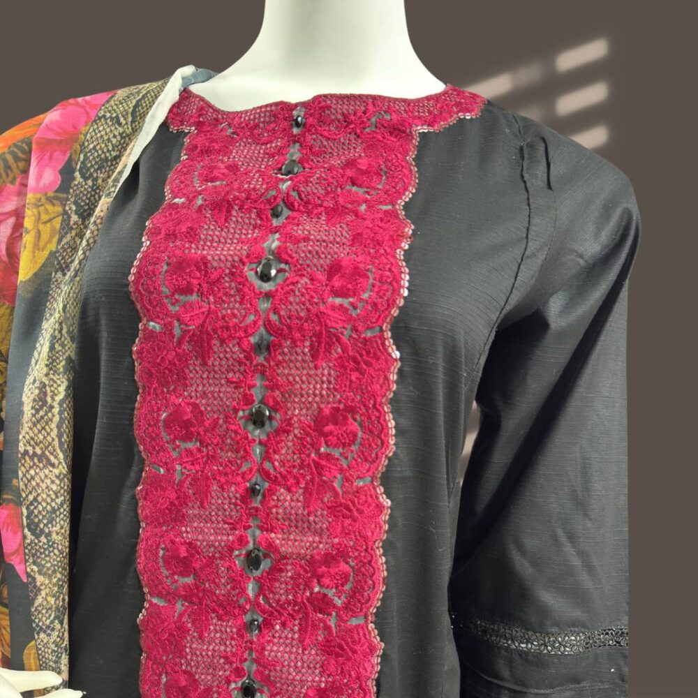 Elegant 3-Piece Doria Lawn Embroidered Lace Neck Panel Kameez & Trouser Set with Printed Lawn Dupatta - Image 2