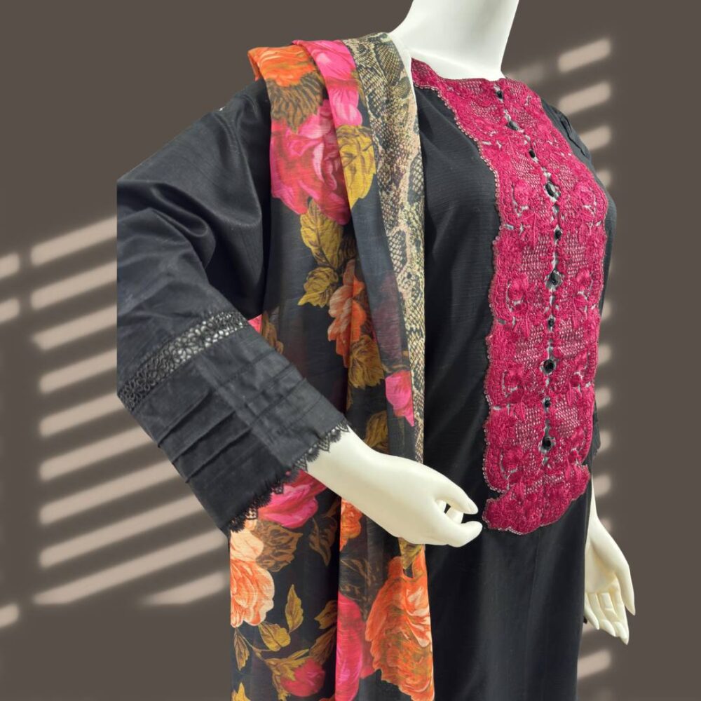 Elegant 3-Piece Doria Lawn Embroidered Lace Neck Panel Kameez & Trouser Set with Printed Lawn Dupatta - Image 3