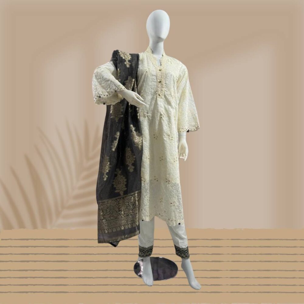 Luxurious 3-Piece Fancy Chikankari Kameez with Raw Silk Shalwar & Jacquard Dupatta