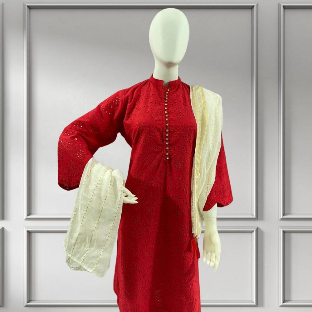Elegant 3-Piece Lawn Chikankari Kameez with Lining Trouser & Lawn Jacquard Dupatta - Image 2