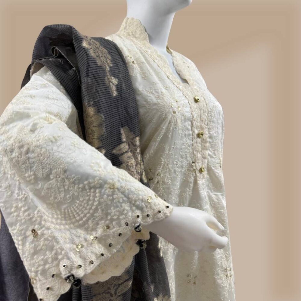 Luxurious 3-Piece Fancy Chikankari Kameez with Raw Silk Shalwar & Jacquard Dupatta - Image 2
