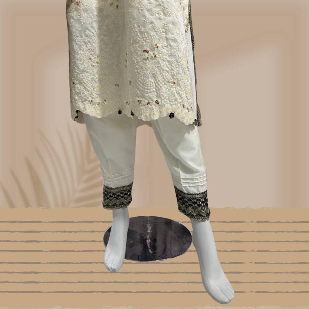 Luxurious 3-Piece Fancy Chikankari Kameez with Raw Silk Shalwar & Jacquard Dupatta - Image 3