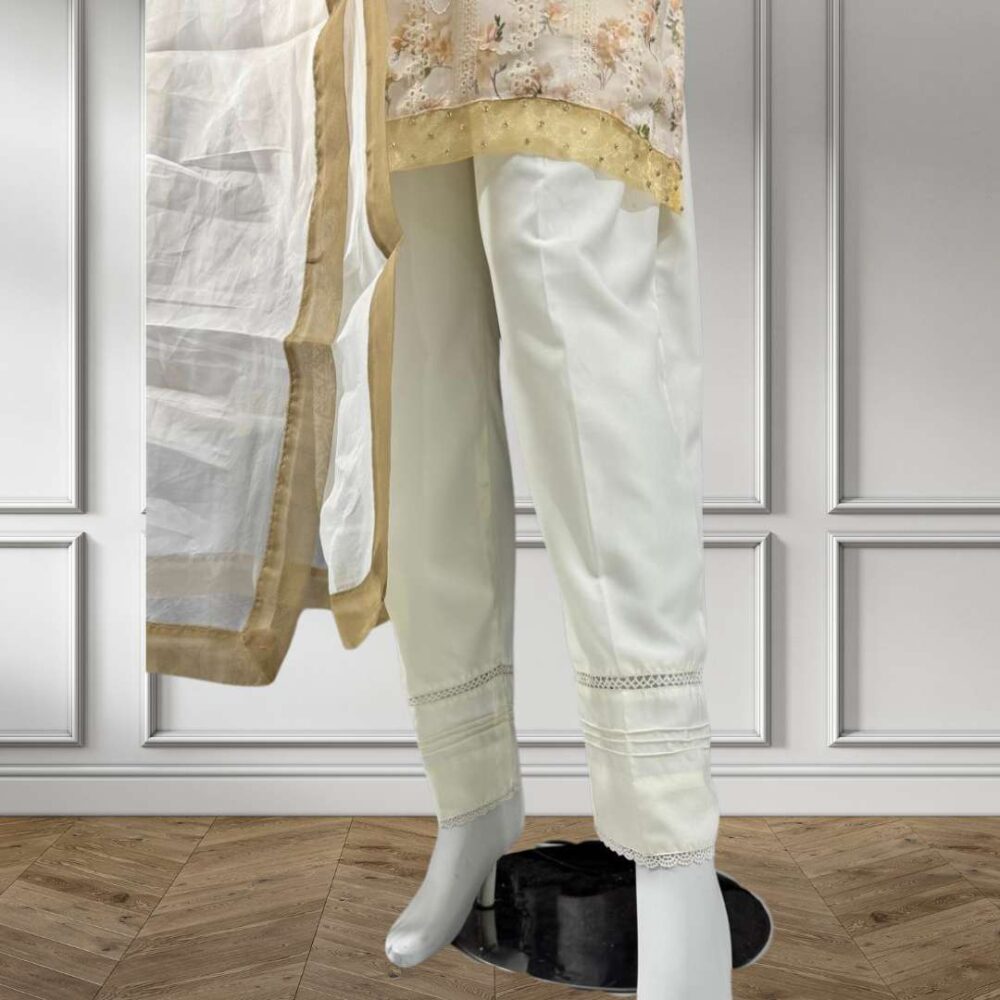 3-Piece Shafoon Chikankari Kameez with Organza Border, Elegant Neckline Lace Trouser & Dupatta - Image 2