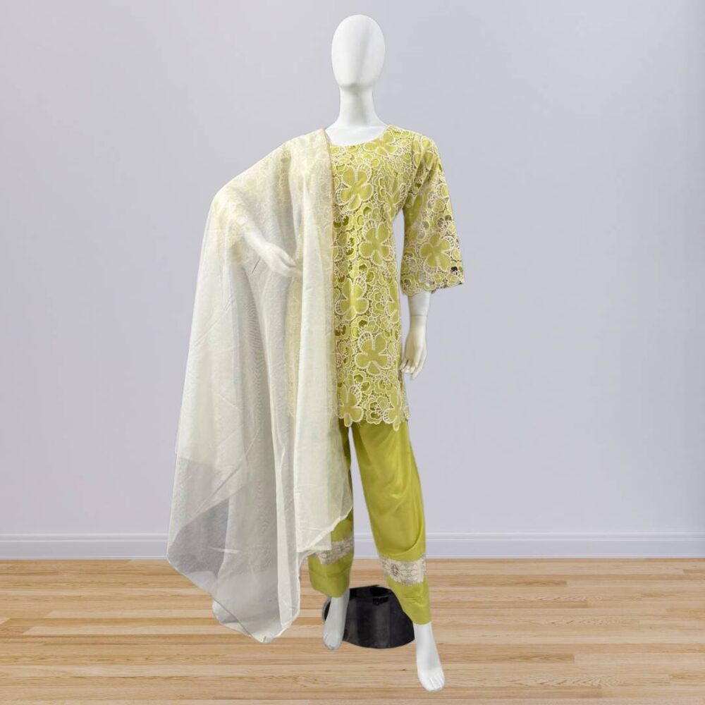 Fancy 3-Piece Chikankari Kameez with Khaddi Net Dupatta & Lace Shalwar